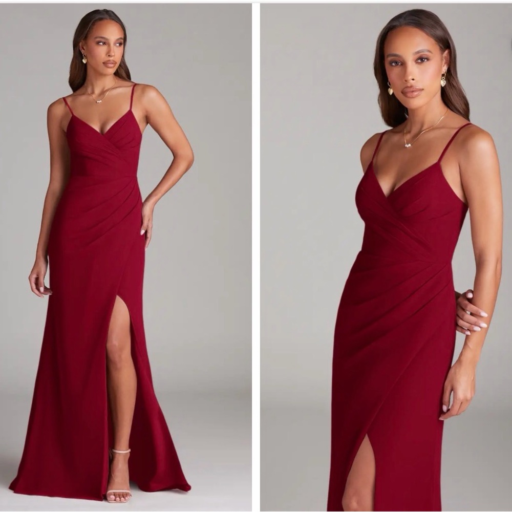 Azazie Maci Burgundy Sheath Pleated Chiffon Dress